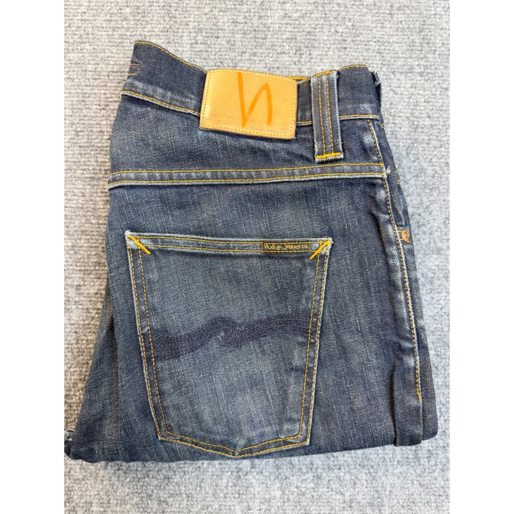 Nudie Jeans Co Mens 33x32 Blue Denim Jeans Faded Workwear Streetwear Hole Crotch